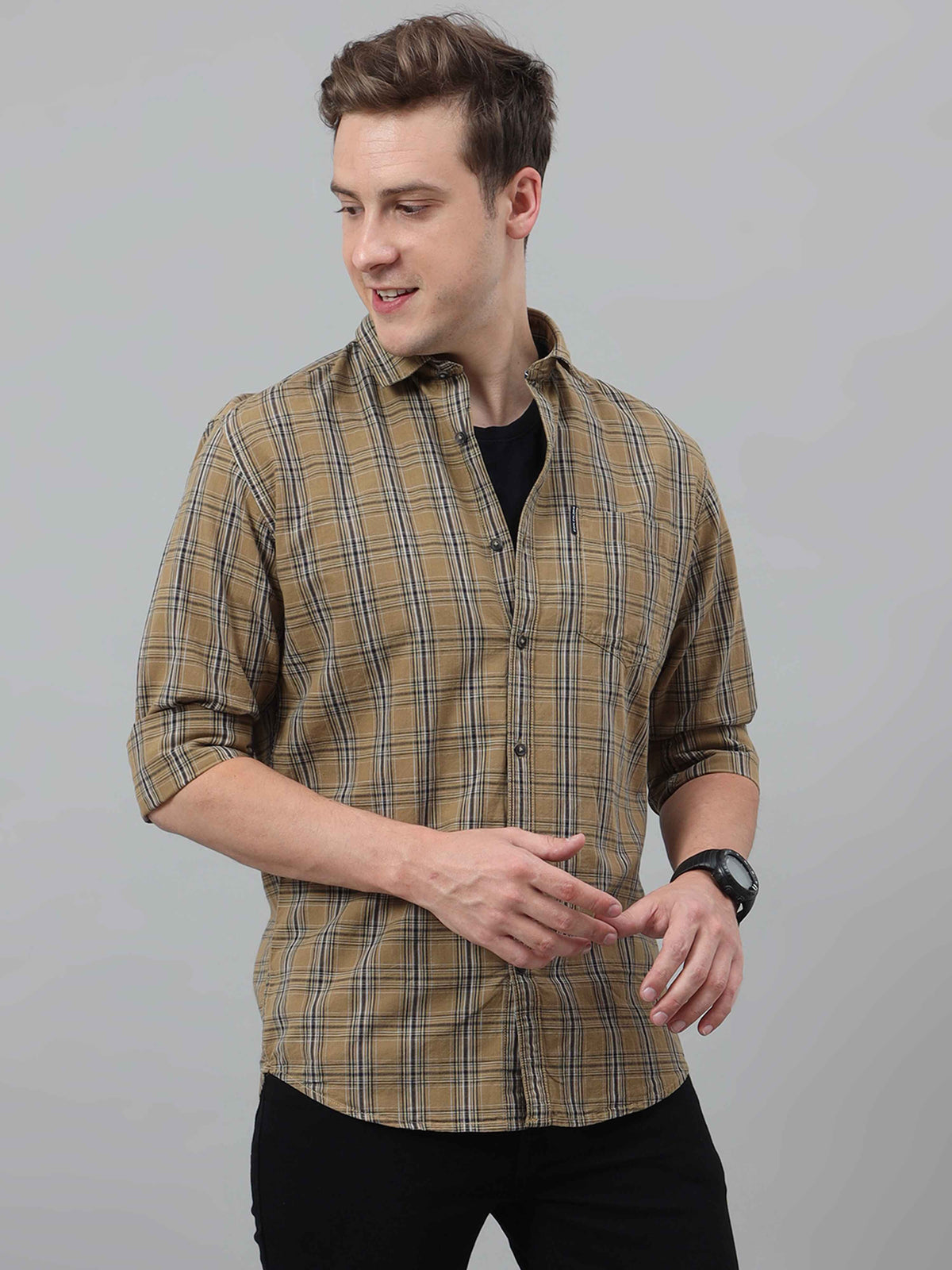 Shop Men's Beige Slim Fit Checks Full Sleeves Casual Shirts Online.