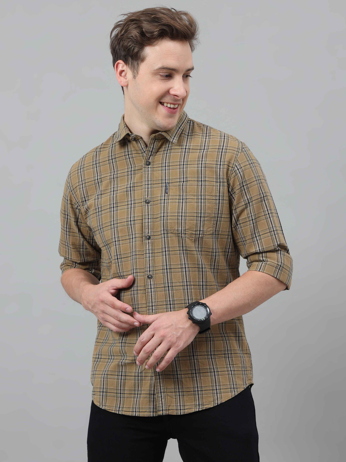 Shop Men's Beige Slim Fit Checks Full Sleeves Casual Shirts Online.