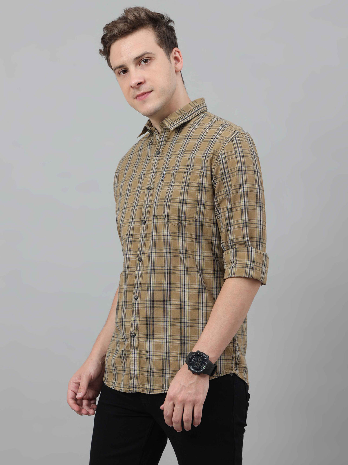 Shop Men's Beige Slim Fit Checks Full Sleeves Casual Shirts Online.