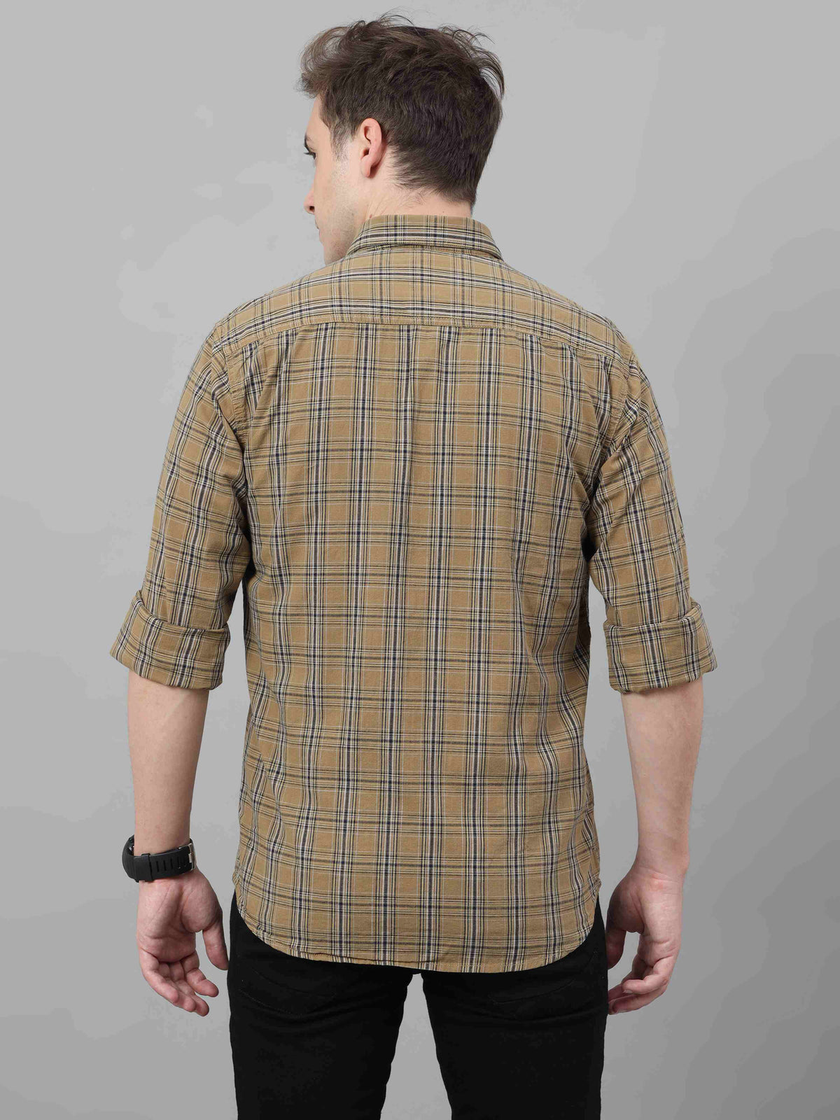 Shop Men's Beige Slim Fit Checks Full Sleeves Casual Shirts Online.