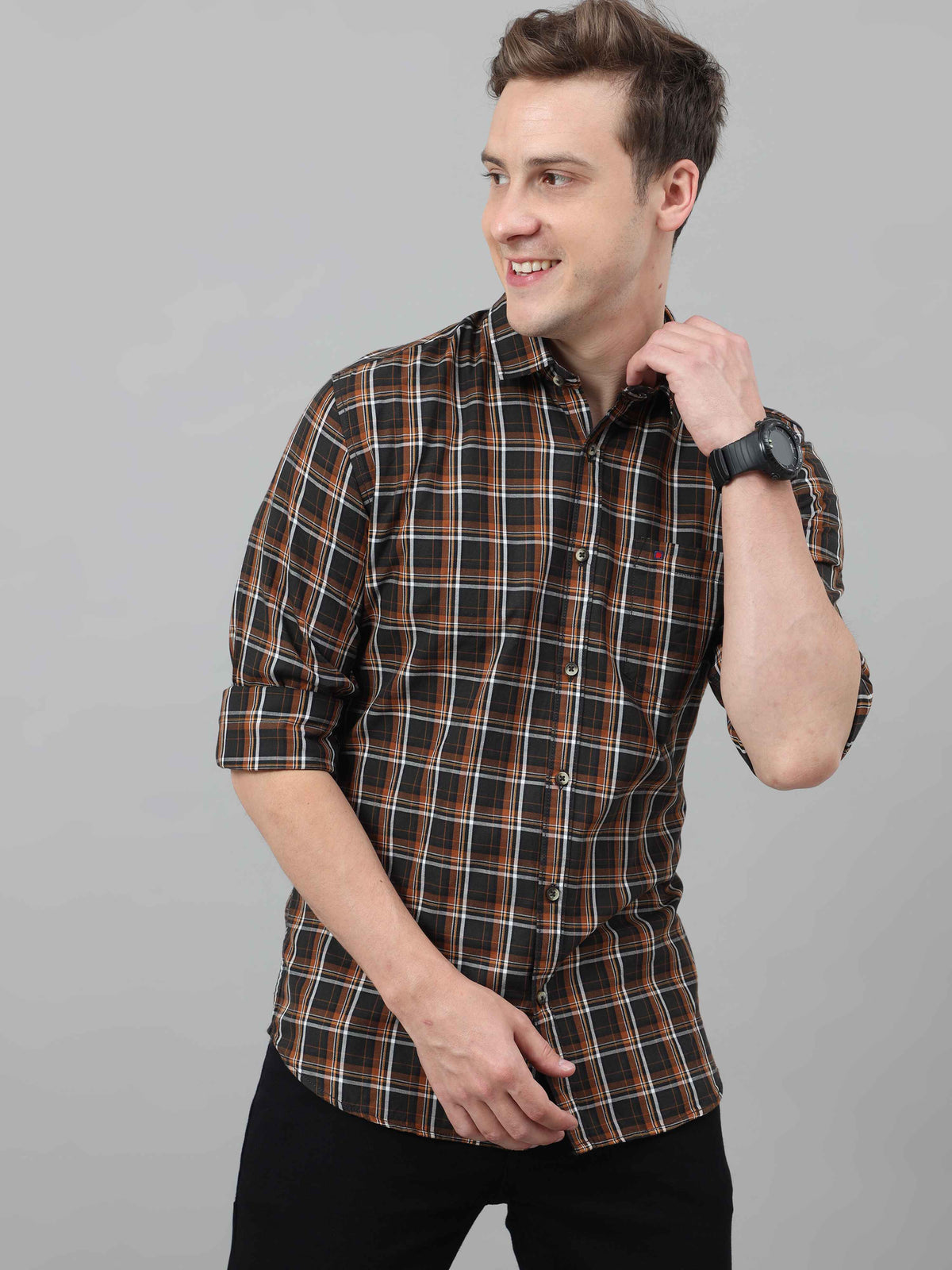 Shop Men's Navy Brown Slim Fit Checks Full Sleeves Casual Shirts Online.