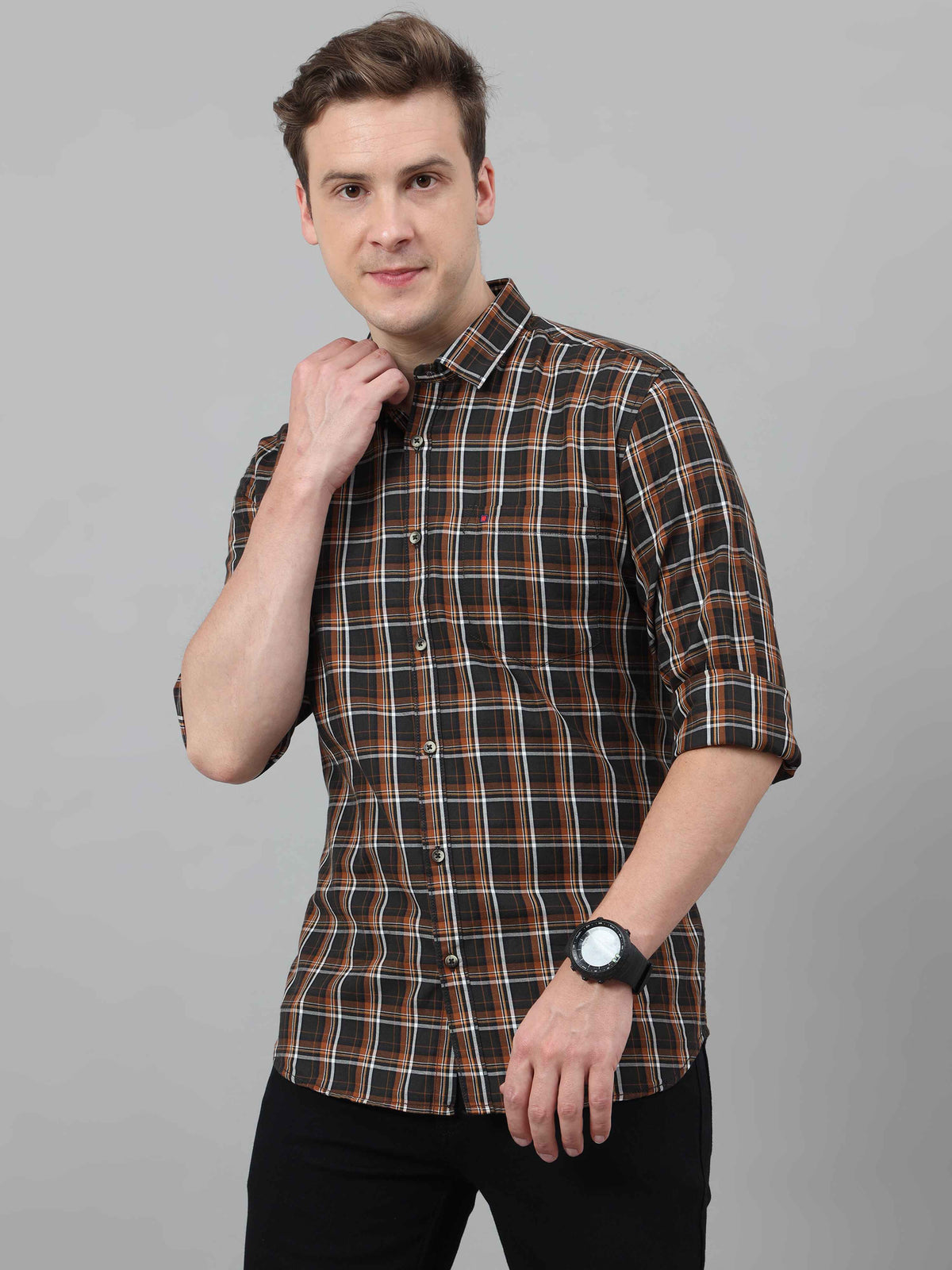 Shop Men's Navy Brown Slim Fit Checks Full Sleeves Casual Shirts Online.