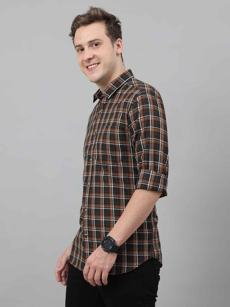 Shop Men's Navy Brown Slim Fit Checks Full Sleeves Casual Shirts Online.