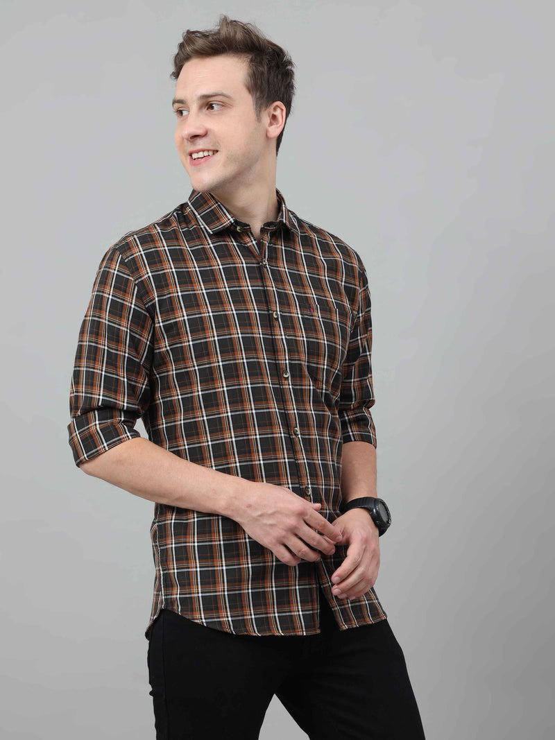 Shop Men's Navy Brown Slim Fit Checks Full Sleeves Casual Shirts Online.