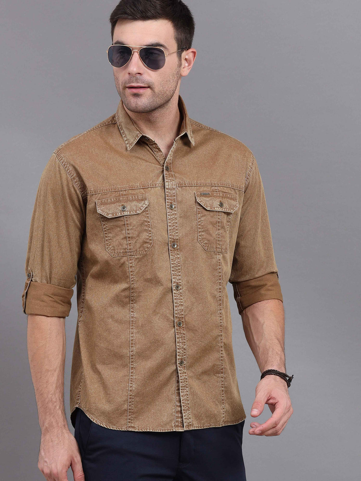 Shop Men's Brown Slim Fit Full Sleeves Denim Casual Shirts Online.