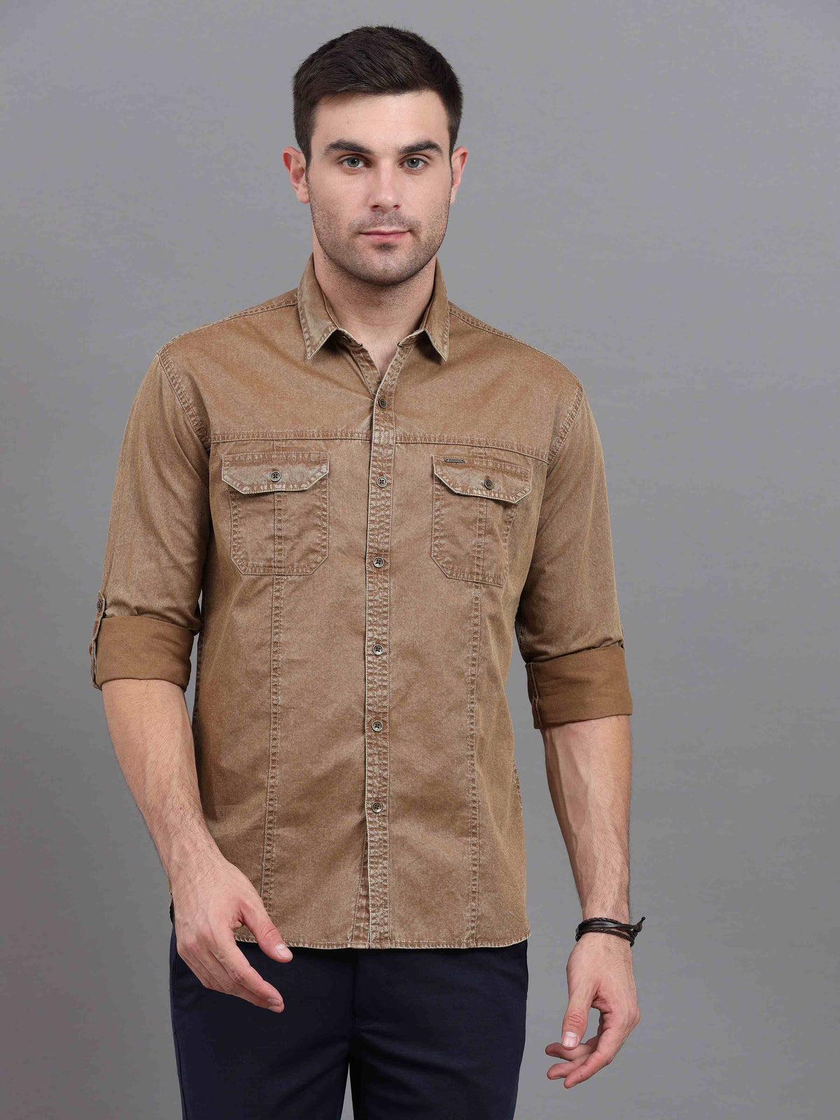 Shop Men's Brown Slim Fit Full Sleeves Denim Casual Shirts Online.