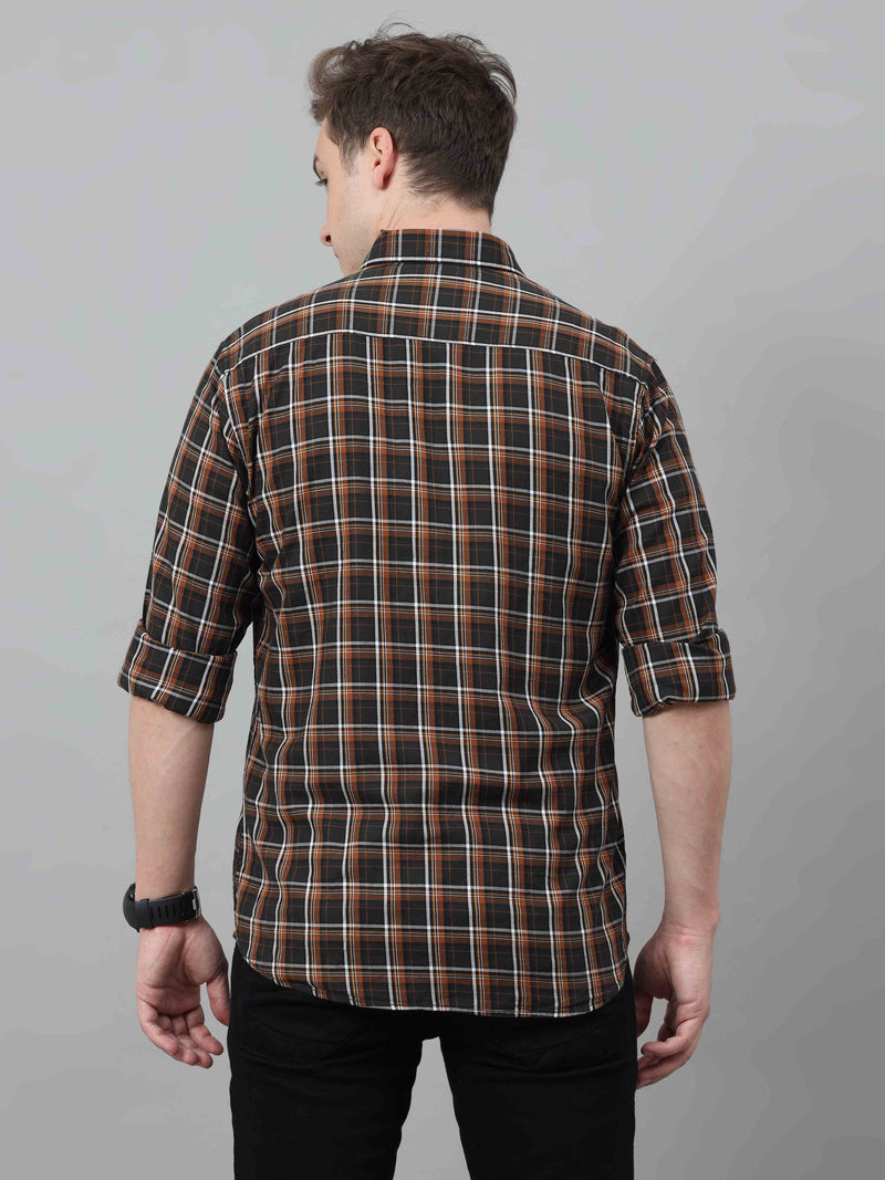 Shop Men's Navy Brown Slim Fit Checks Full Sleeves Casual Shirts Online.