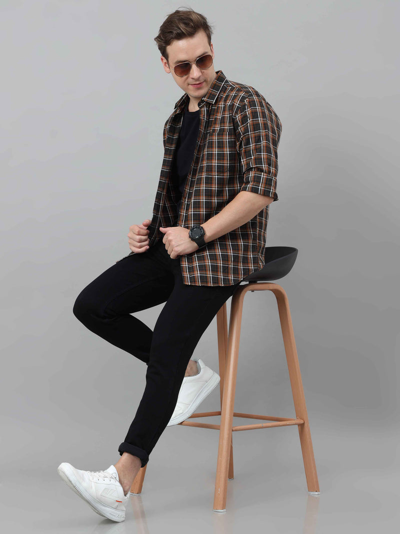 Shop Men's Navy Brown Slim Fit Checks Full Sleeves Casual Shirts Online.