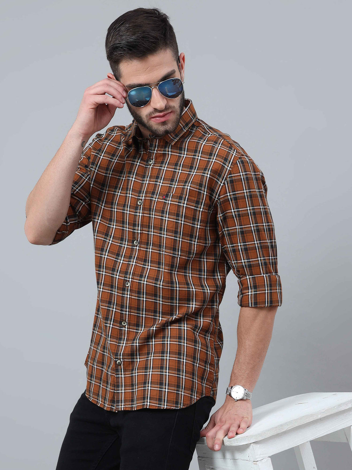 Men's Brown Slim Fit Checks Full Sleeves Casual Shirts
