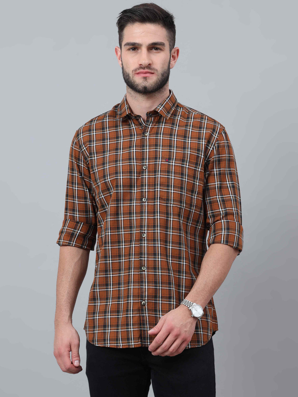 Shop Men's Brown Slim Fit Checks Full Sleeves Casual Shirts Online.