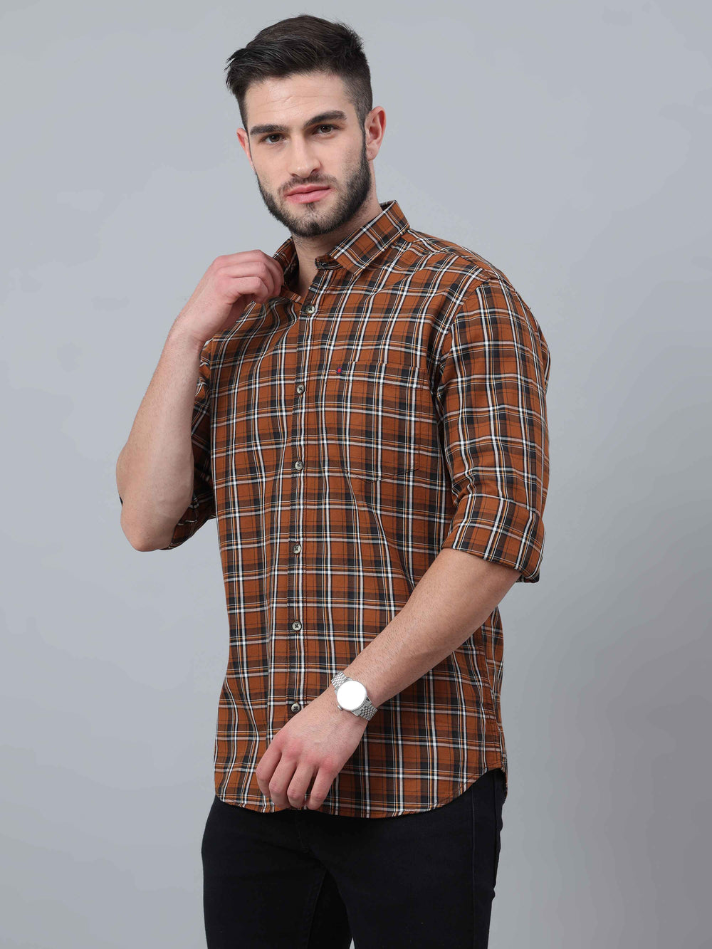 Men's Brown Slim Fit Checks Full Sleeves Casual Shirts