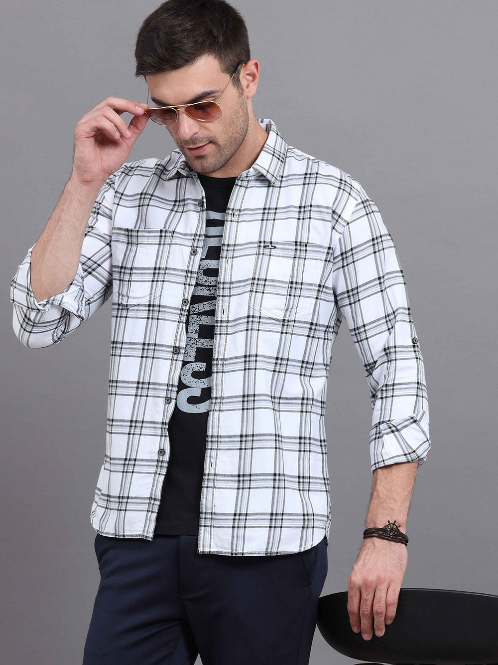 Men's White Slim Fit Checks Full Sleeves Casual Shirts With Inside Attached T-shirt