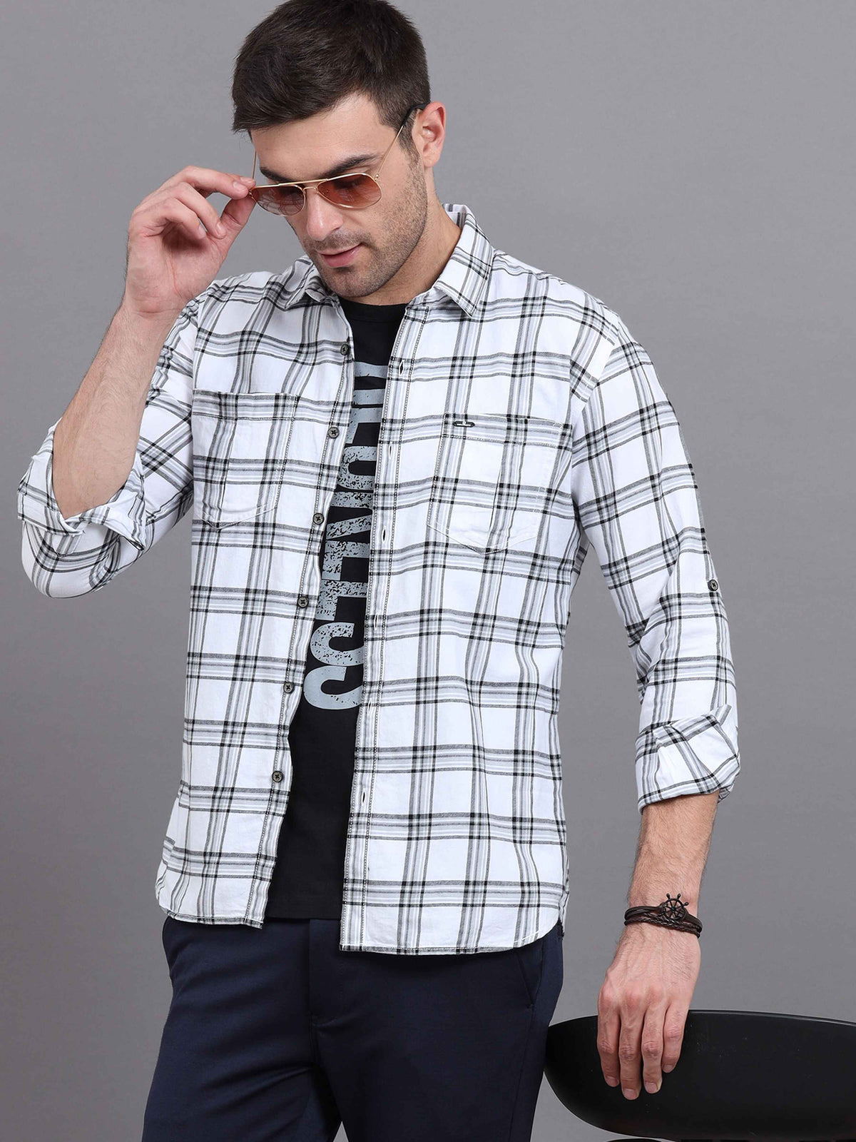 Men's White Slim Fit Checks Full Sleeves Casual Shirts With Inside Attached T-shirt