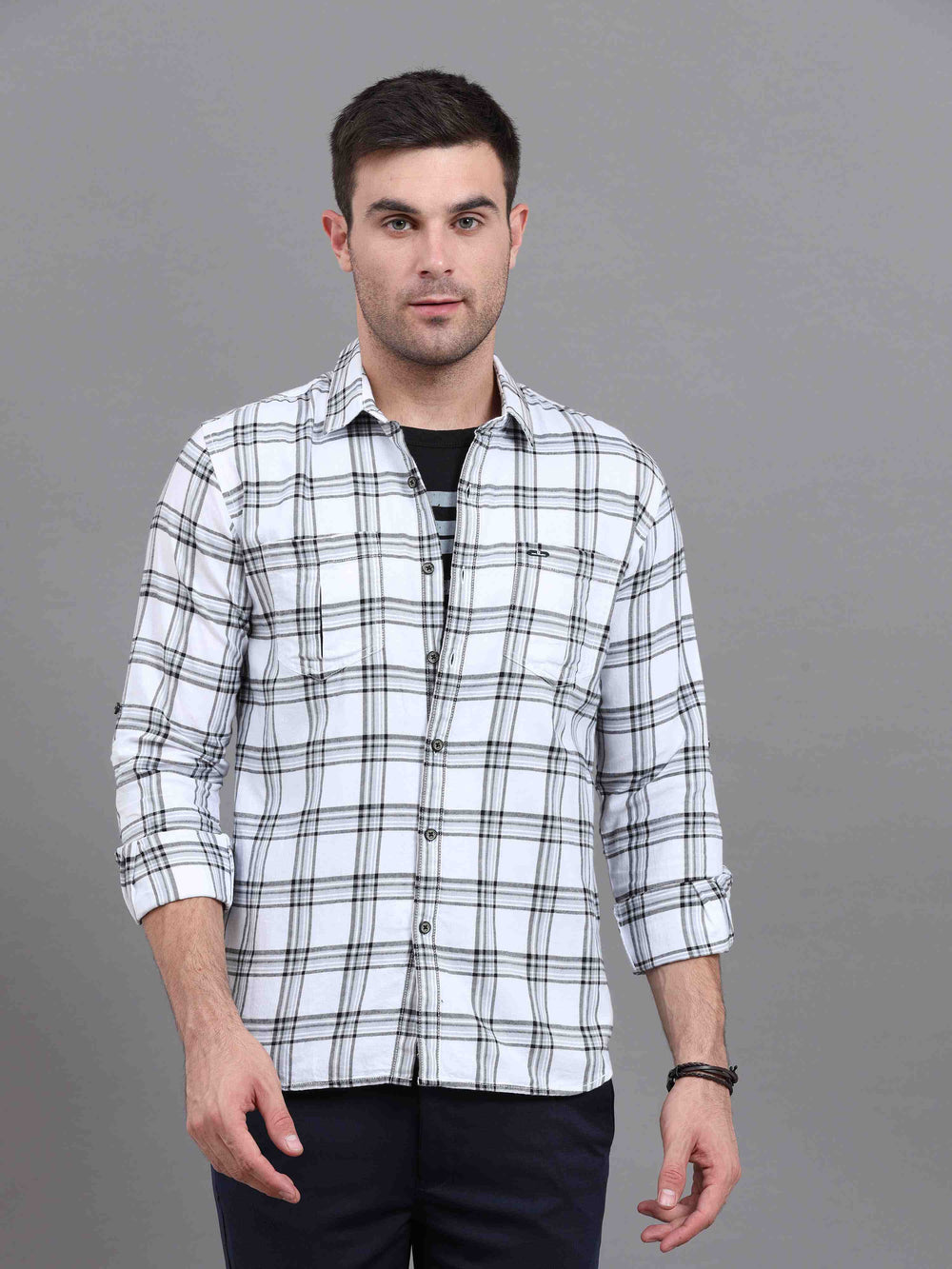 Men's White Slim Fit Checks Full Sleeves Casual Shirts With Inside Attached T-shirt