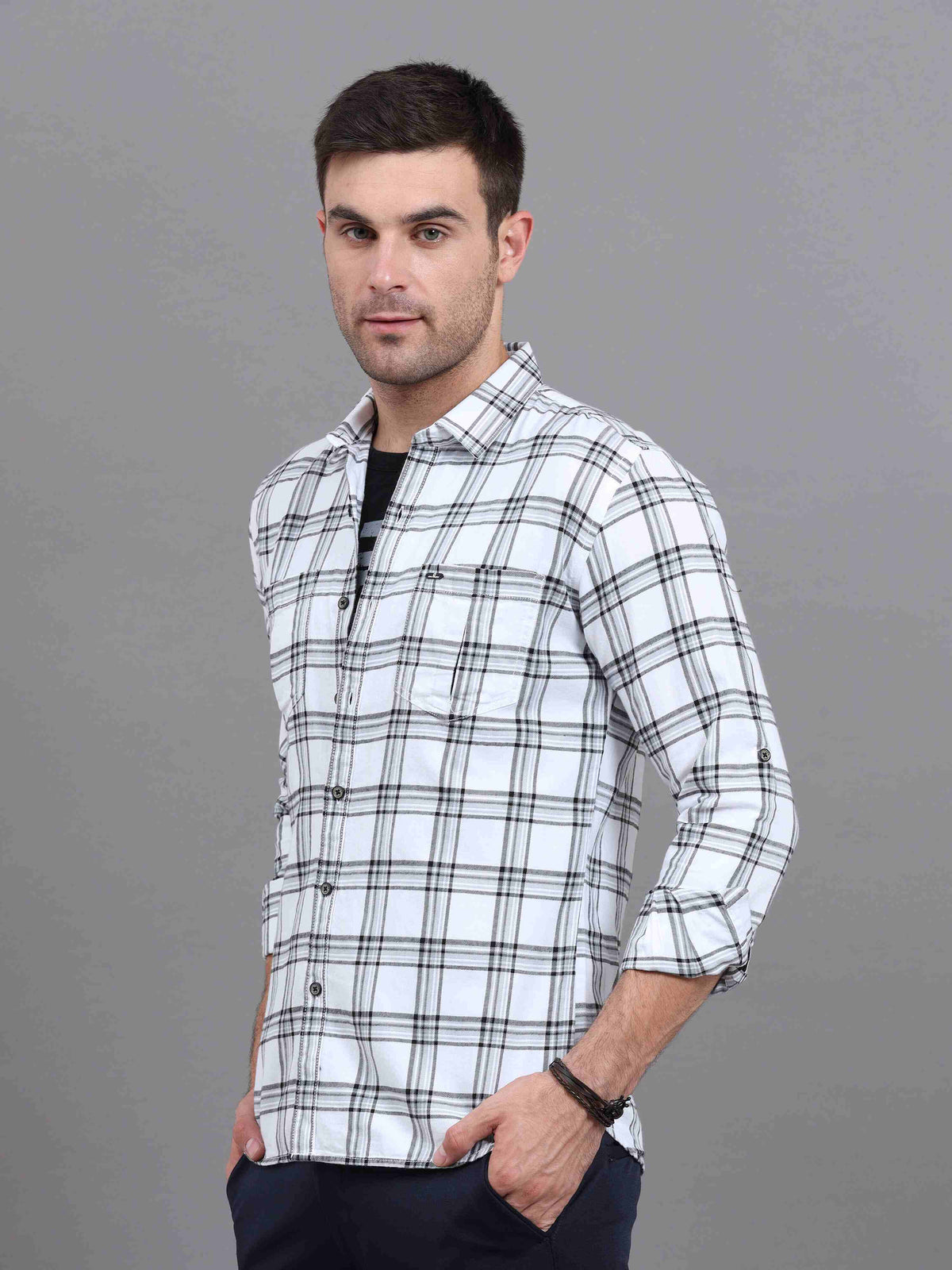 Men's White Slim Fit Checks Full Sleeves Casual Shirts With Inside Attached T-shirt
