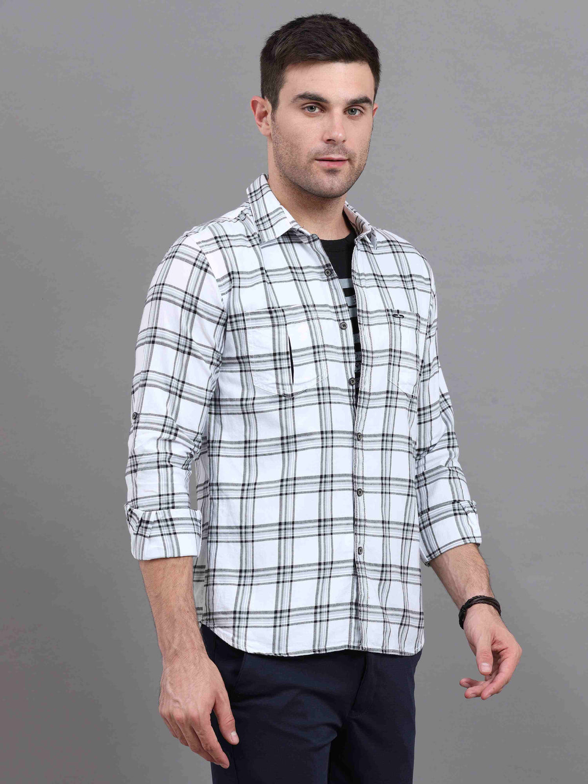 Men's White Slim Fit Checks Full Sleeves Casual Shirts With Inside Attached T-shirt