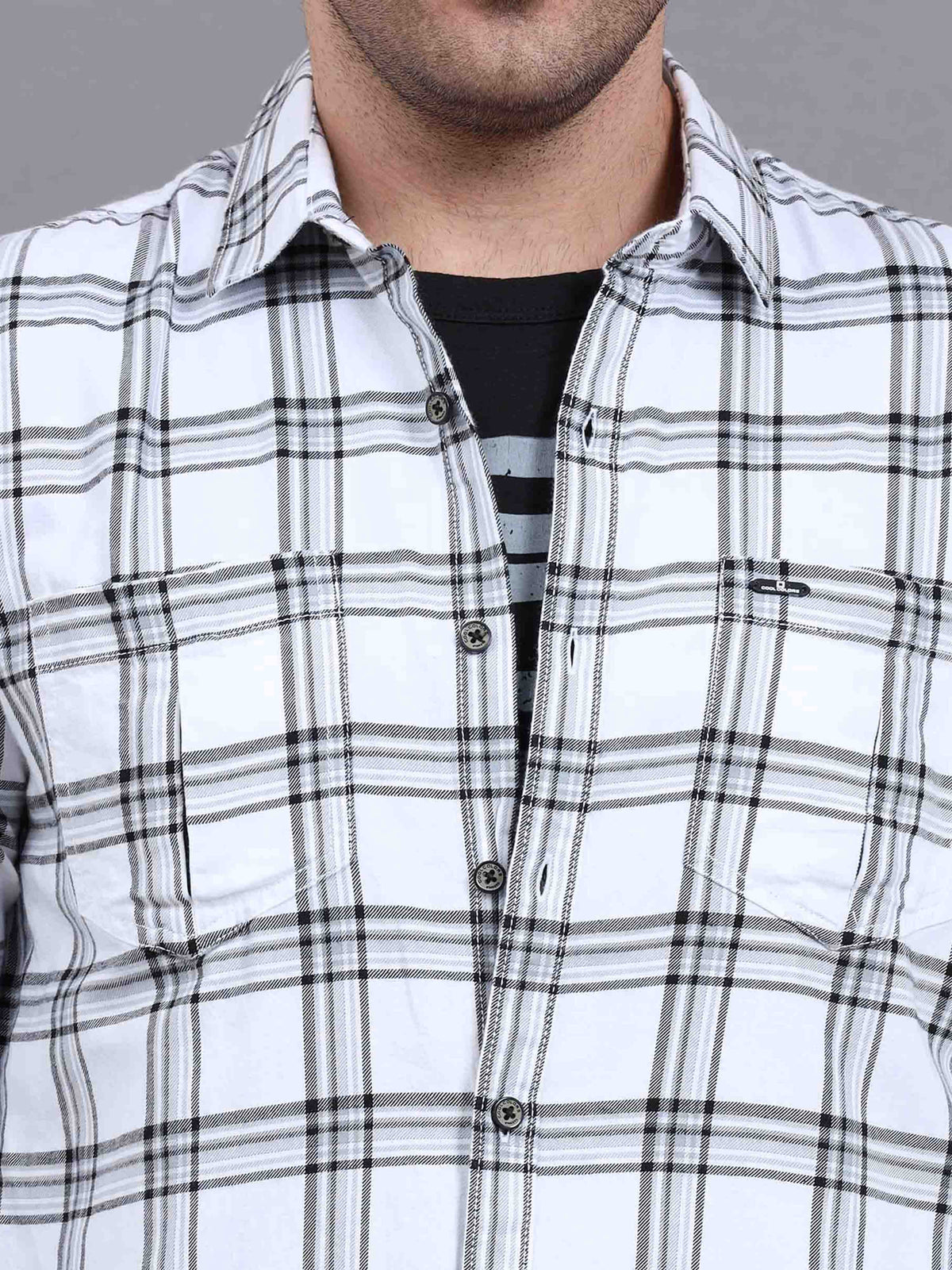 Men's White Slim Fit Checks Full Sleeves Casual Shirts With Inside Attached T-shirt