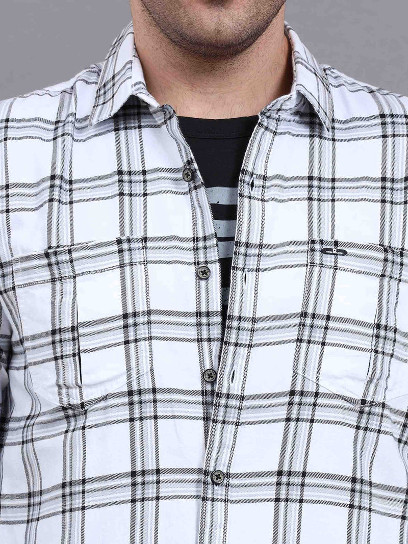 Shop Men's White Slim Fit Checks Full Sleeves Casual Shirts With Inside Attached T-shirt Online.