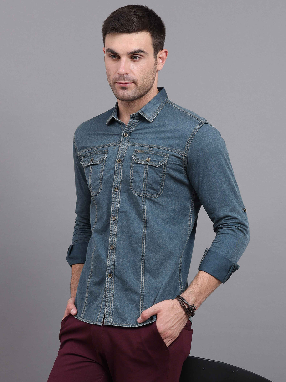 Men's Green Slim Fit Full Sleeves Denim Casual Shirts