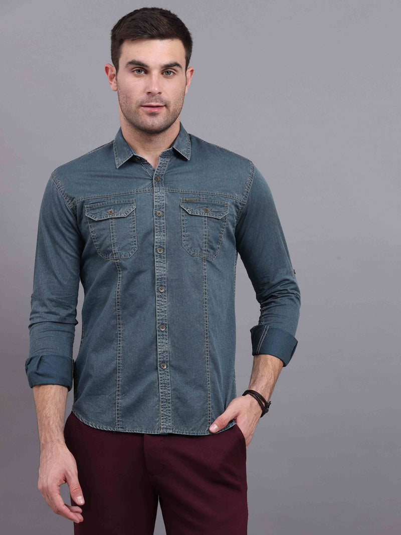 Shop Men's Green Slim Fit Full Sleeves Denim Casual Shirts Online.