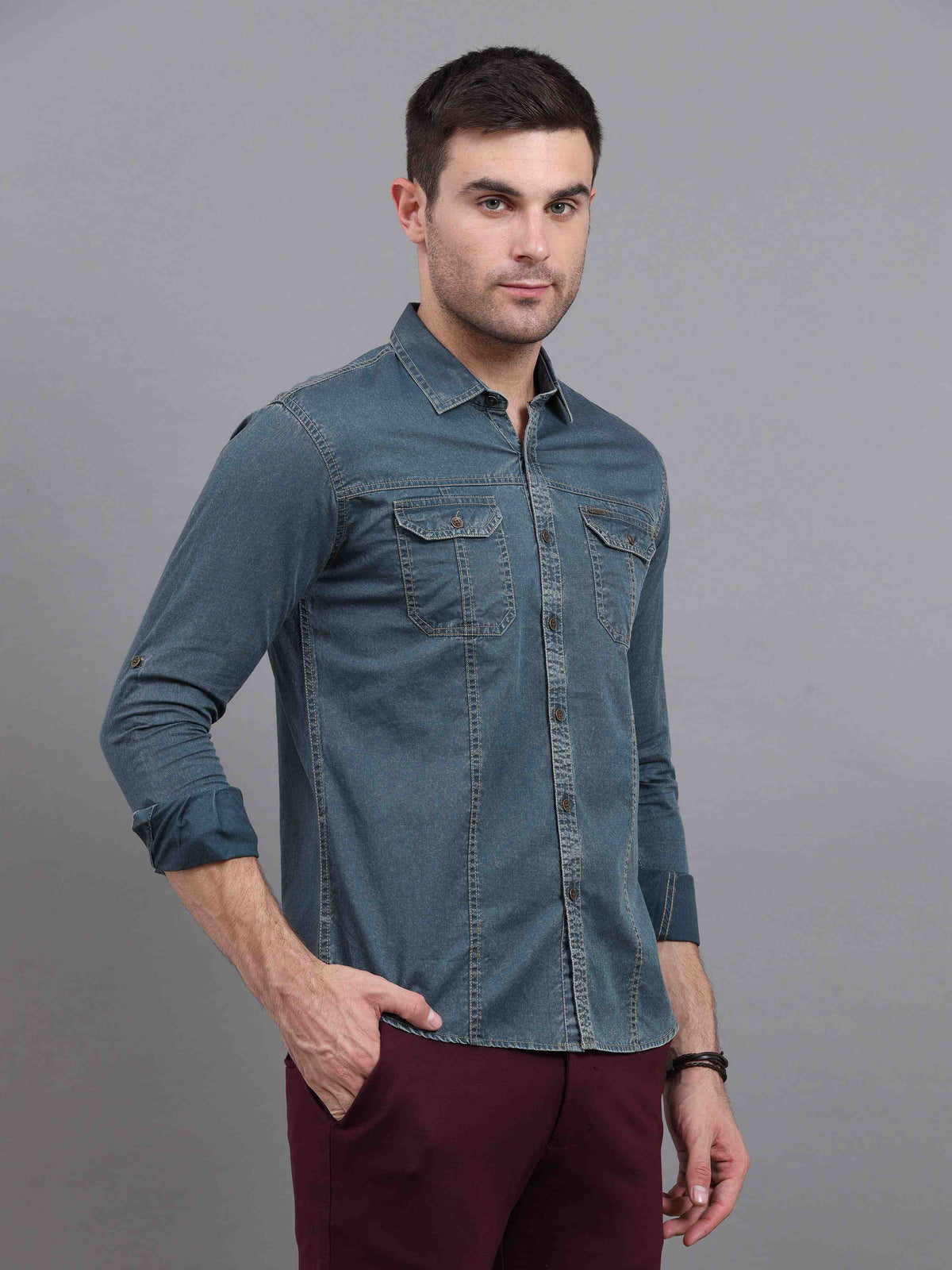 Men's Green Slim Fit Full Sleeves Denim Casual Shirts