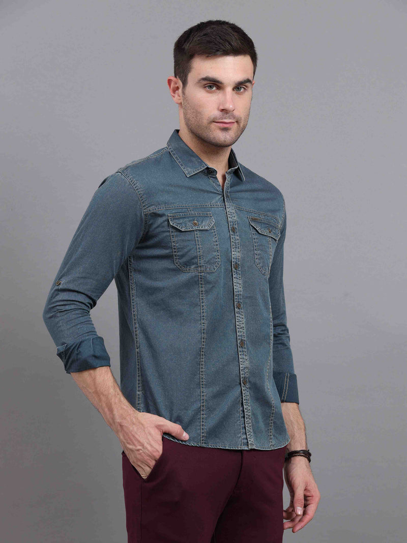 Shop Men's Green Slim Fit Full Sleeves Denim Casual Shirts Online.