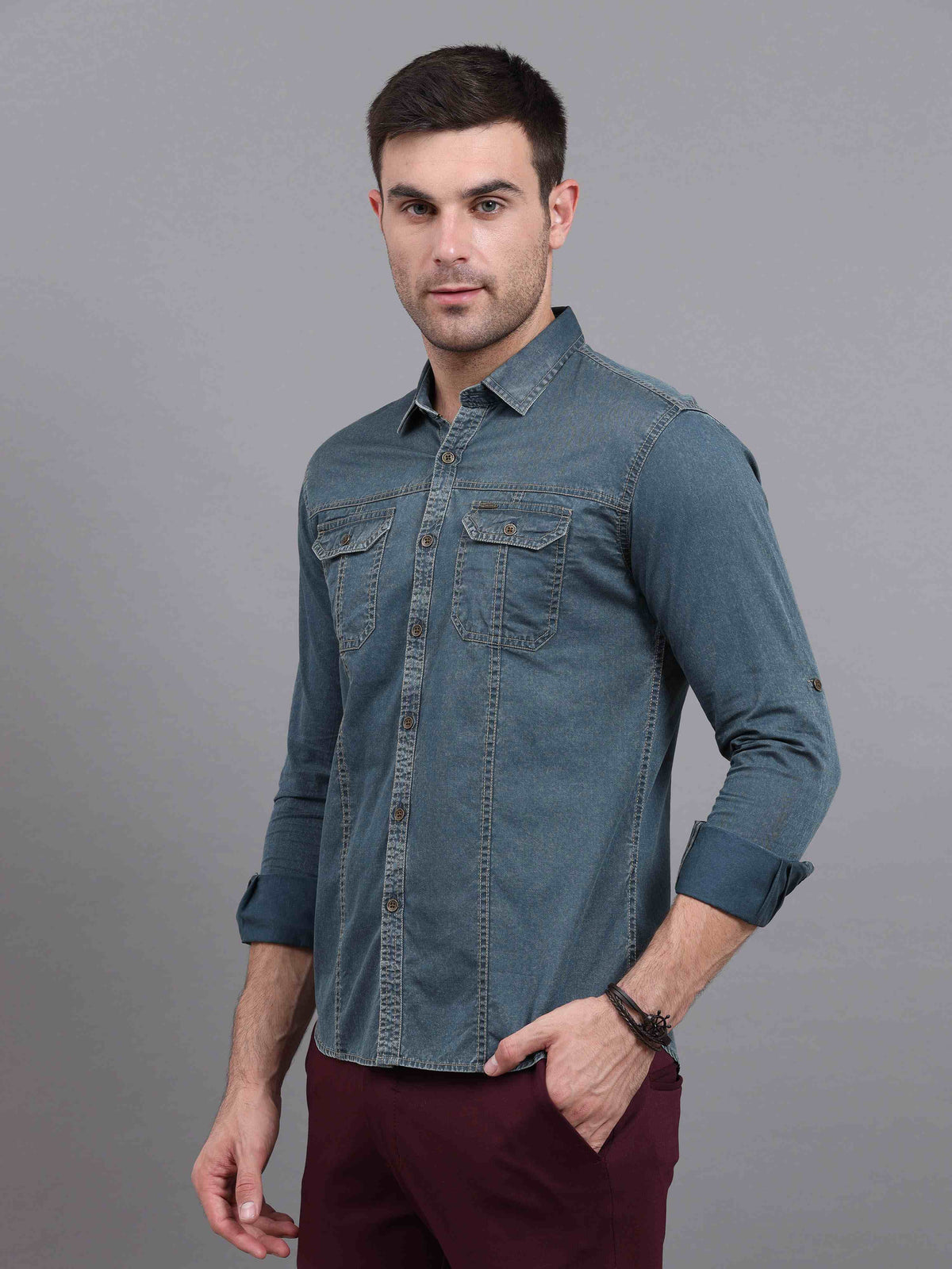 Shop Men's Green Slim Fit Full Sleeves Denim Casual Shirts Online.