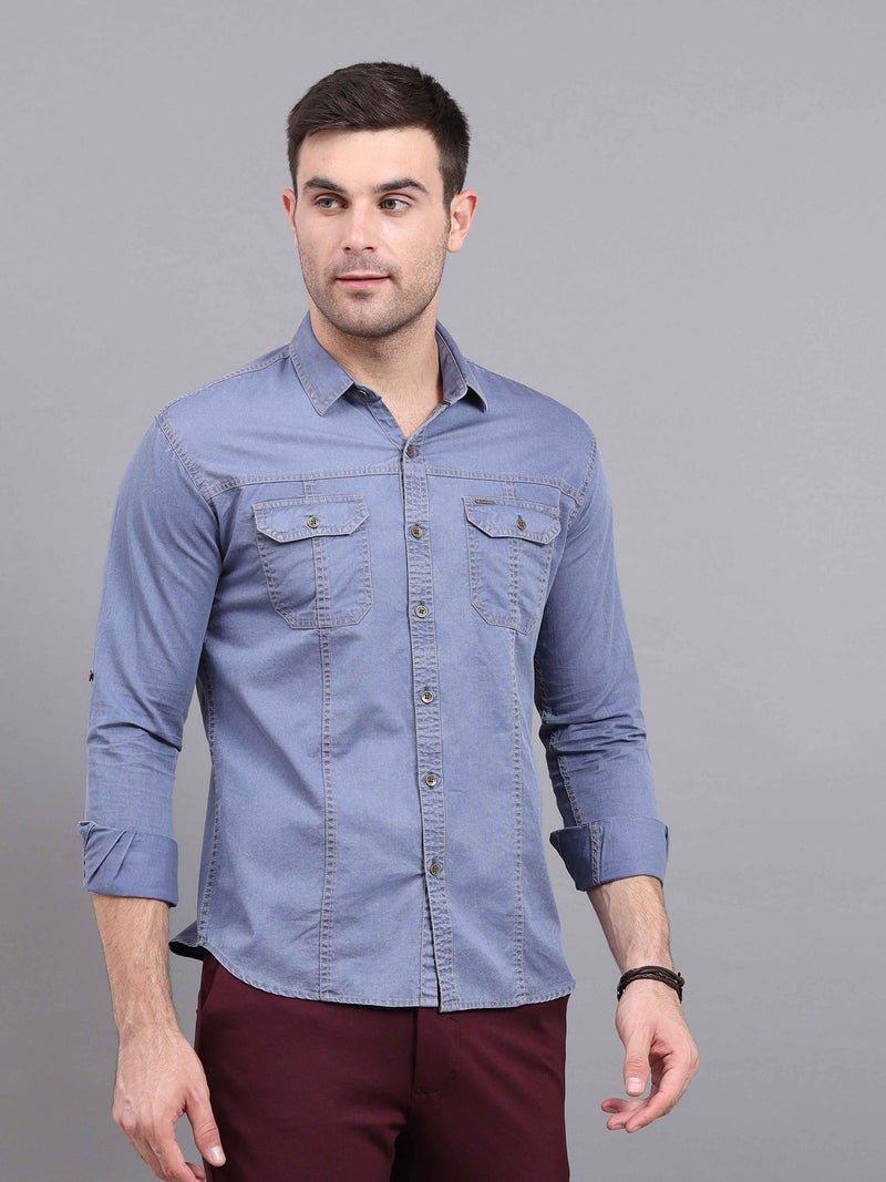 Shop Men's Blue Slim Fit Full Sleeves Denim Casual Shirts Online.