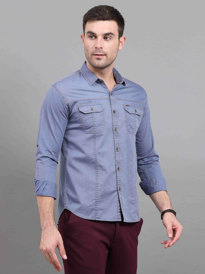 Shop Men's Blue Slim Fit Full Sleeves Denim Casual Shirts Online.