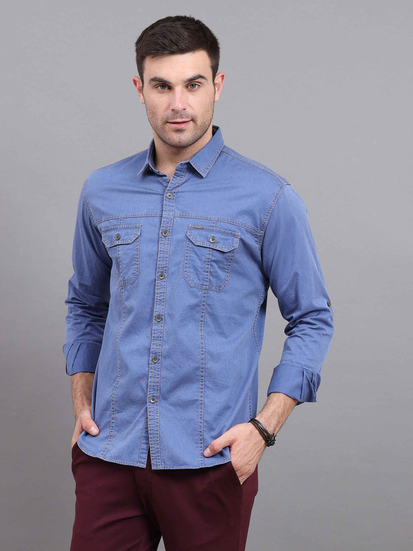 Men's Sky Blue Slim Fit Full Sleeves Denim Casual Shirts