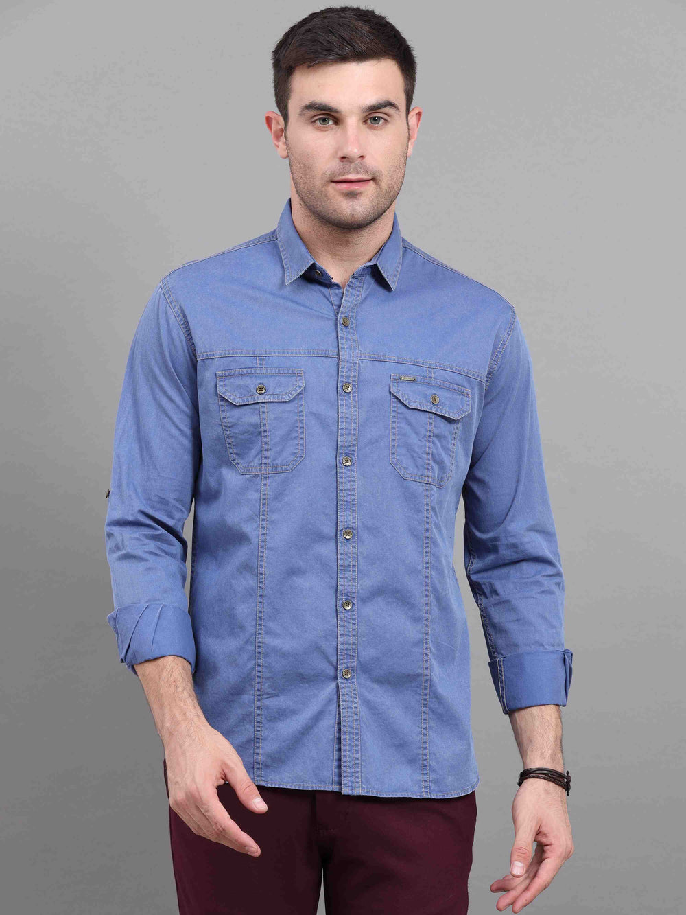 Men's Sky Blue Slim Fit Full Sleeves Denim Casual Shirts