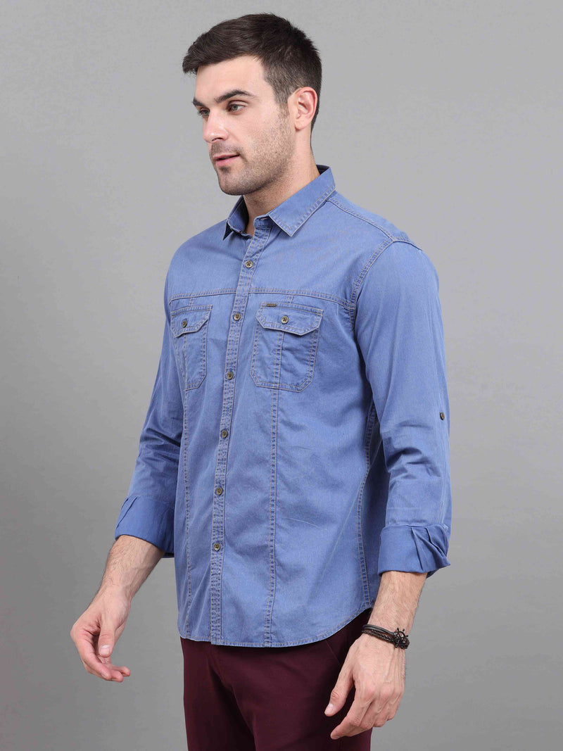 Shop Men's Blue Slim Fit Full Sleeves Denim Casual Shirts Online.