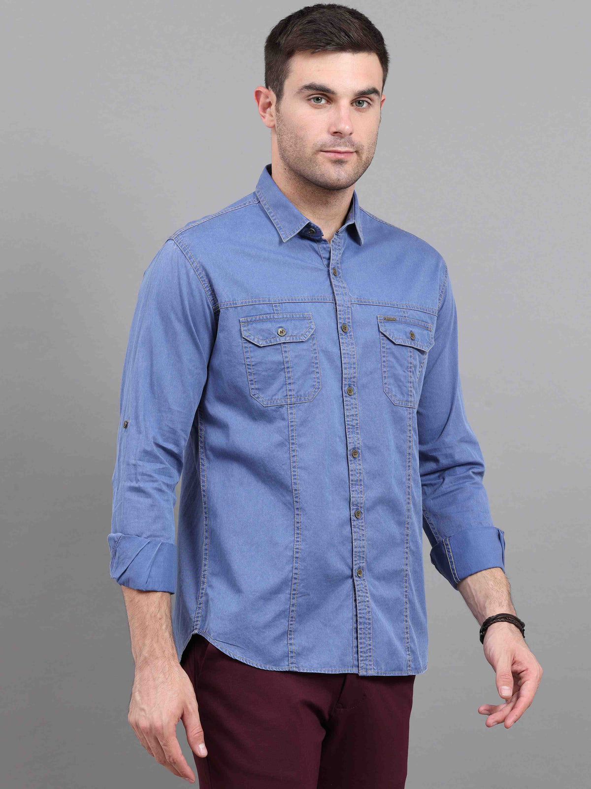Men's Sky Blue Slim Fit Full Sleeves Denim Casual Shirts