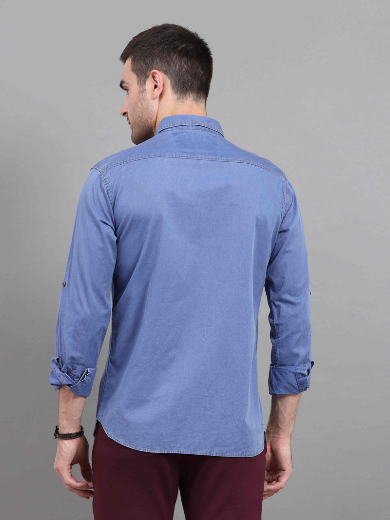 Shop Men's Blue Slim Fit Full Sleeves Denim Casual Shirts Online.