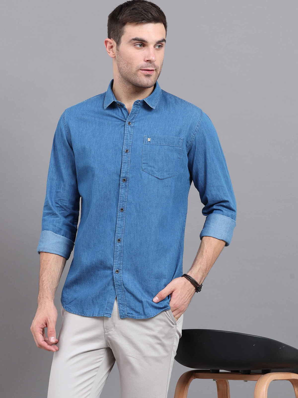 Shop Men's Blue Denim Slim Fit Solid Full Sleeves Casual Shirts Online.