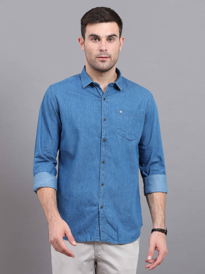 Shop Men's Blue Denim Slim Fit Solid Full Sleeves Casual Shirts Online.