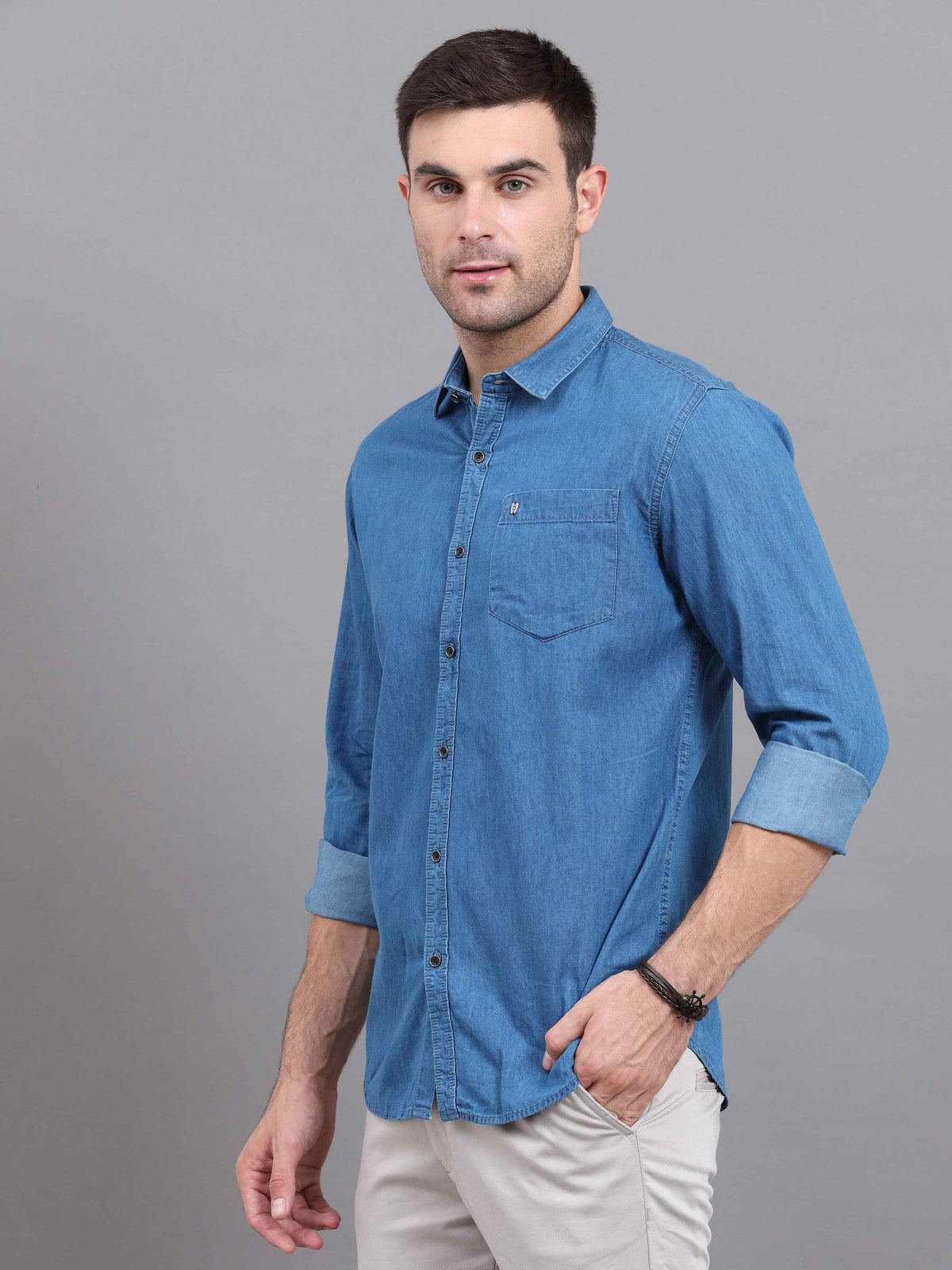 Shop Men's Blue Denim Slim Fit Solid Full Sleeves Casual Shirts Online.