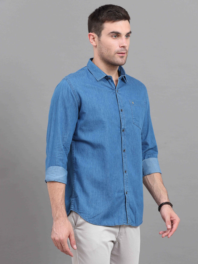 Shop Men's Blue Denim Slim Fit Solid Full Sleeves Casual Shirts Online.