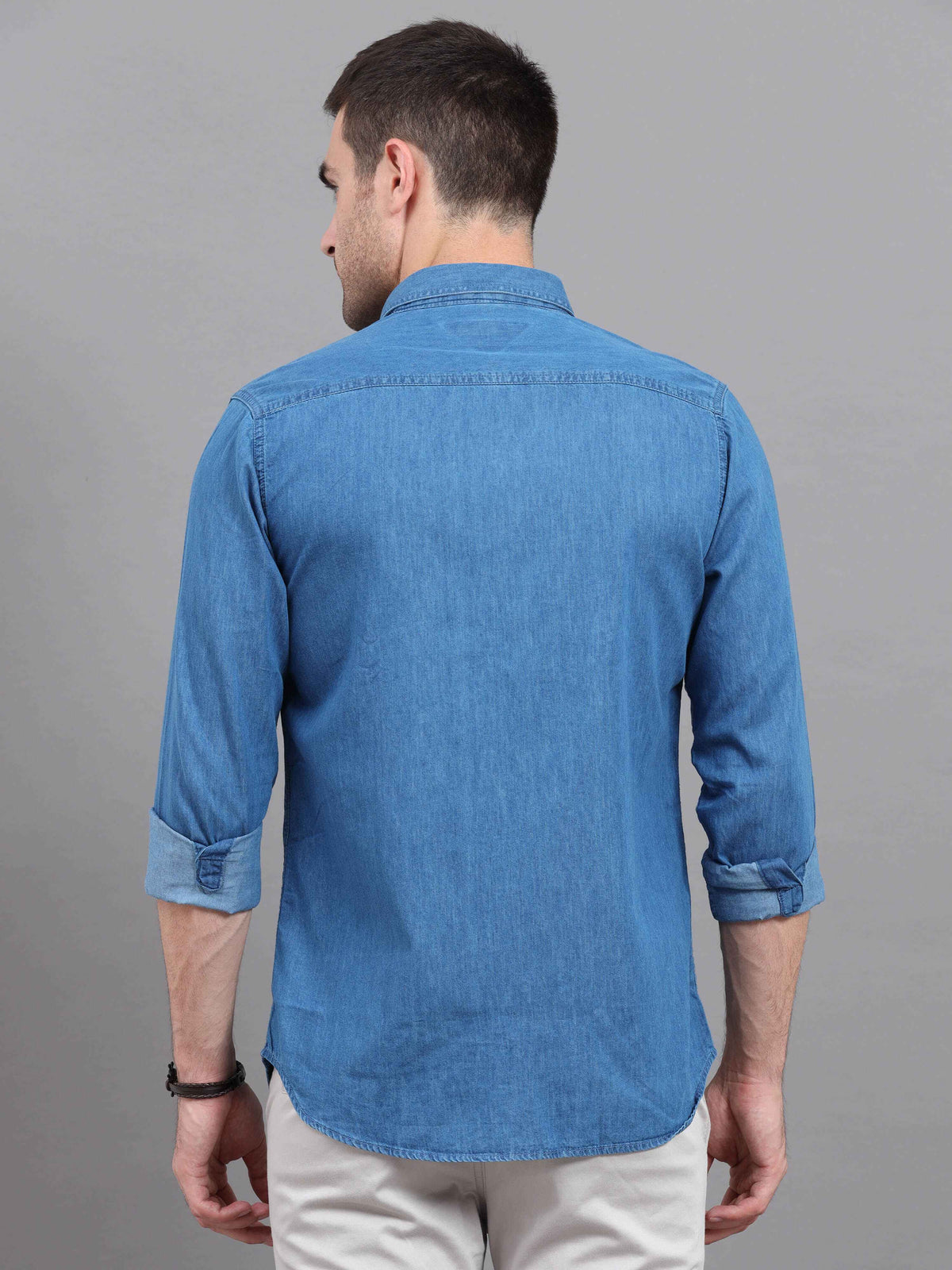 Shop Men's Blue Denim Slim Fit Solid Full Sleeves Casual Shirts Online.