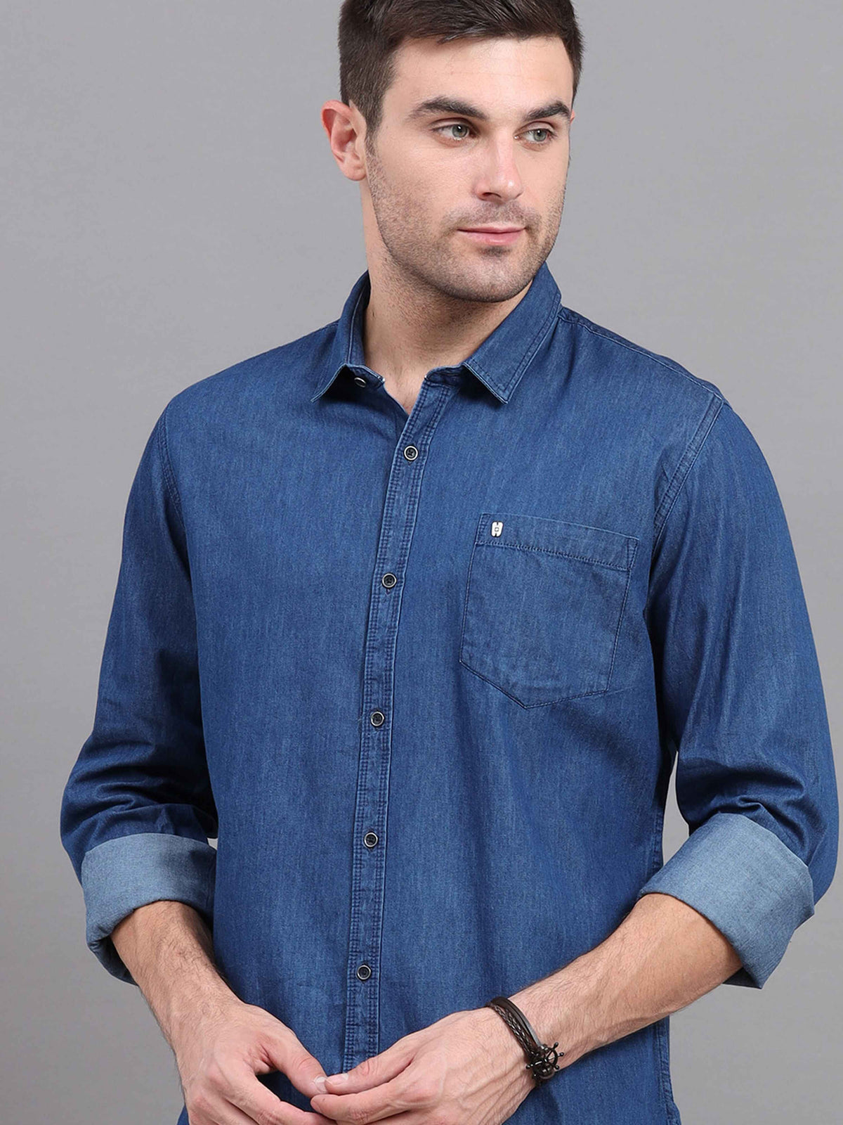 Shop Men's Blue Denim Slim Fit Solid Full Sleeves Casual Shirts Online.