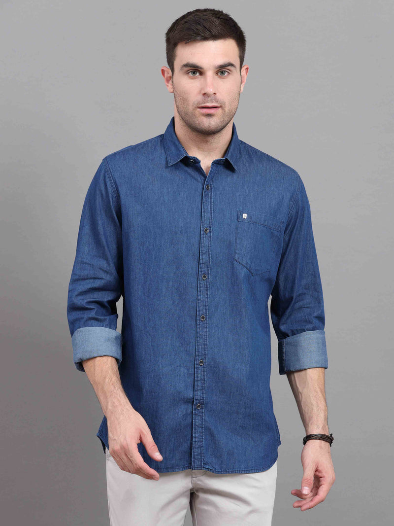 Shop Men's Blue Denim Slim Fit Solid Full Sleeves Casual Shirts Online.