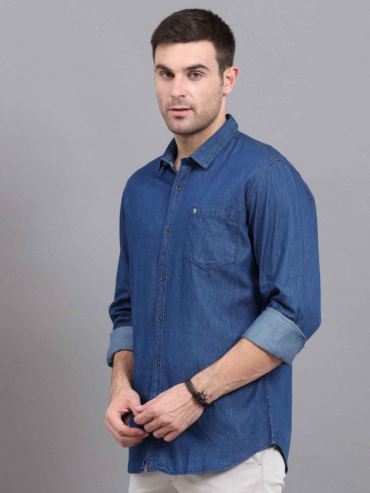 Shop Men's Blue Denim Slim Fit Solid Full Sleeves Casual Shirts Online.