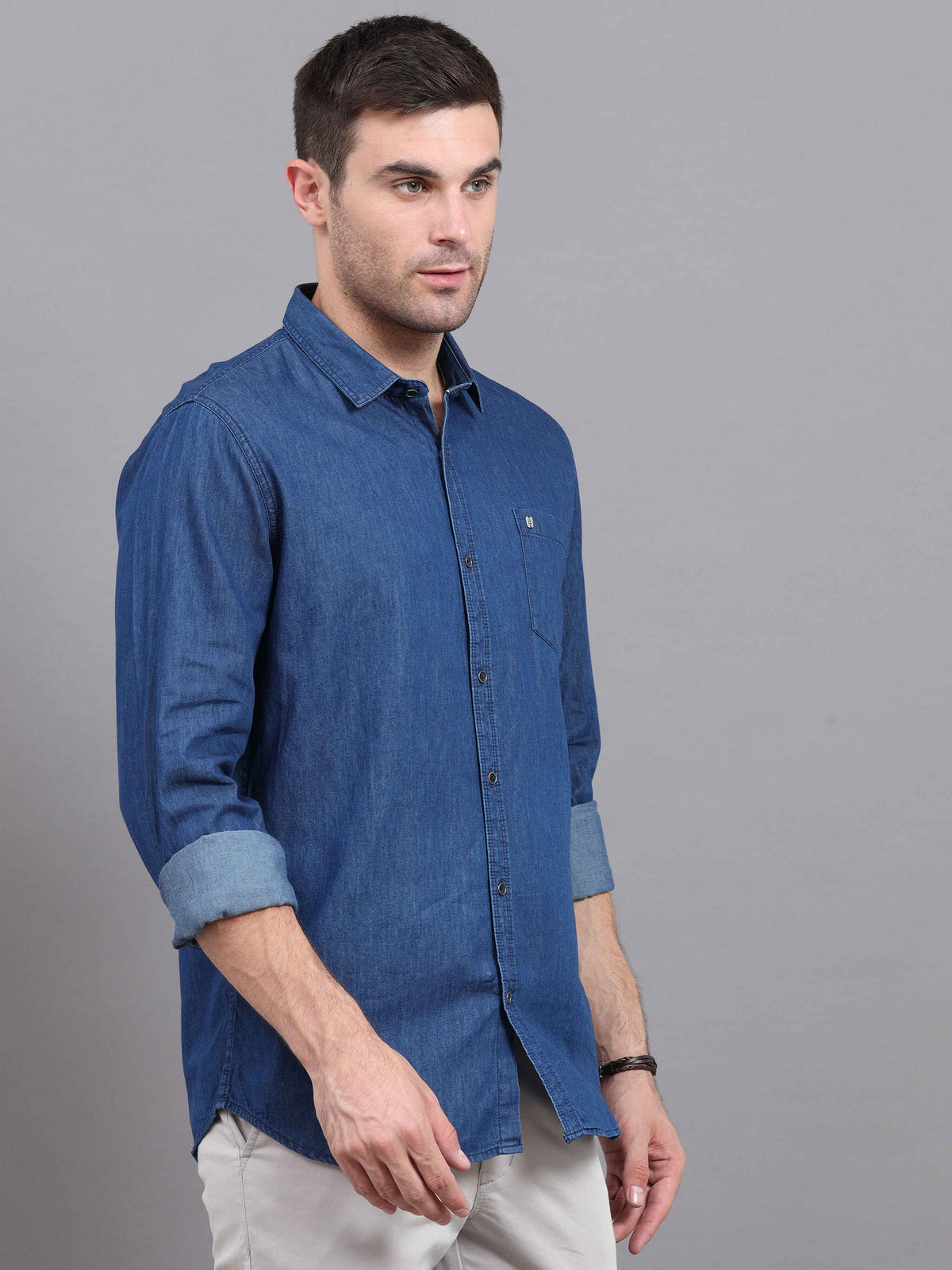 Shop Men's Blue Denim Slim Fit Solid Full Sleeves Casual Shirts Online.