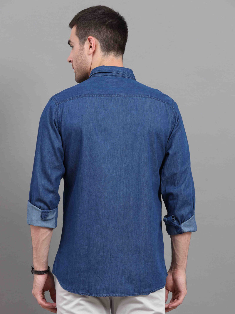 Shop Men's Blue Denim Slim Fit Solid Full Sleeves Casual Shirts Online.