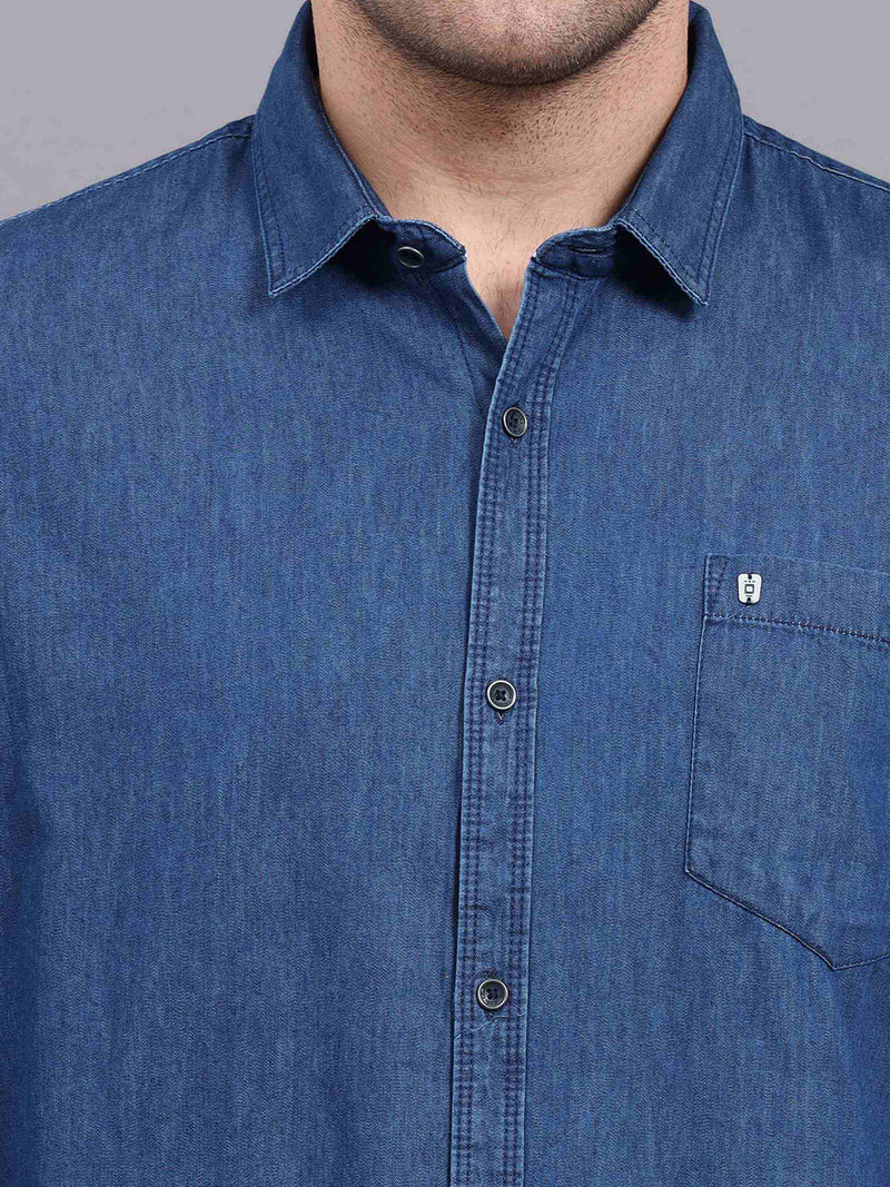 Shop Men's Blue Denim Slim Fit Solid Full Sleeves Casual Shirts Online.