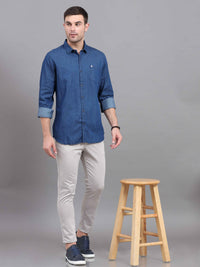 Men's Blue Denim Slim Fit Solid Full Sleeves Casual Shirts