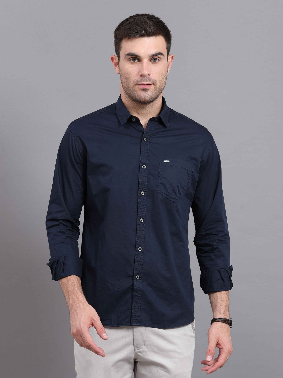 Shop Men's Deep Blue Slim Fit Solid Full Sleeves Casual Shirts Online.