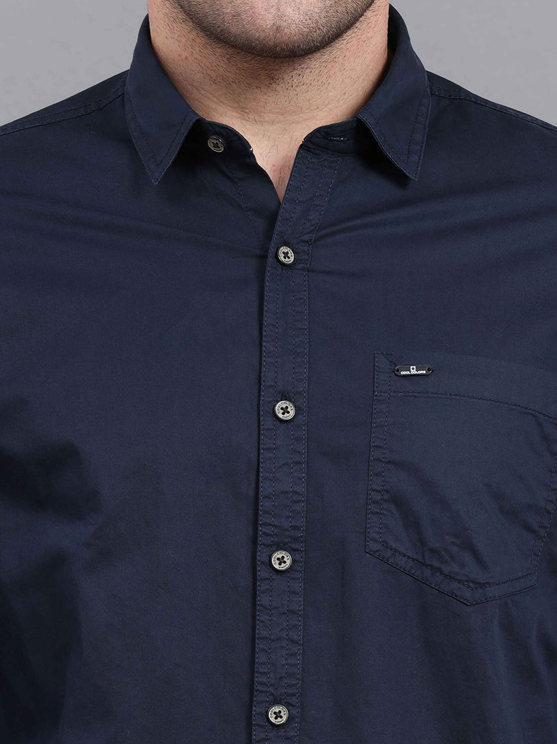 Shop Men's Deep Blue Slim Fit Solid Full Sleeves Casual Shirts Online.