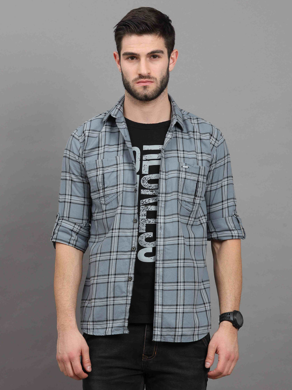 Men's Grey Slim Fit Checks Full Sleeves Casual Shirts With Inside Attached T-shirt