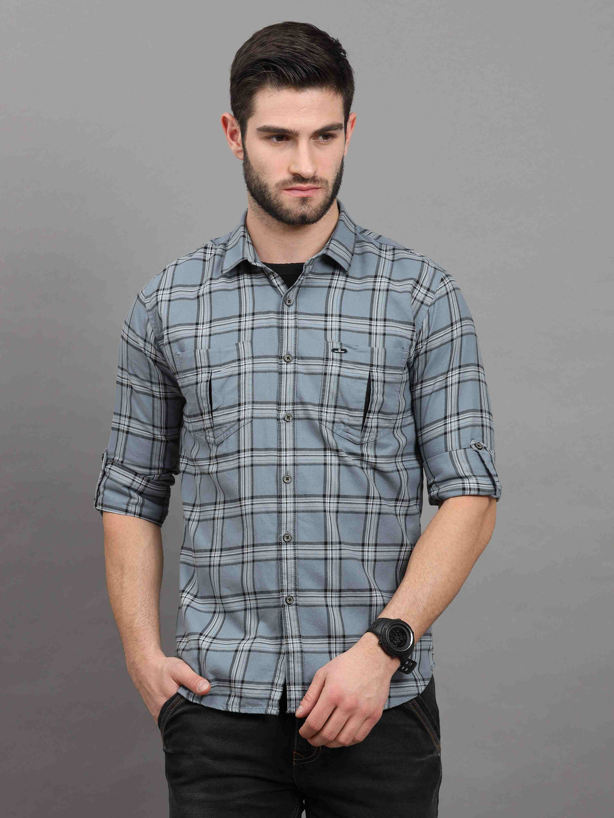 Men's Grey Slim Fit Checks Full Sleeves Casual Shirts With Inside Attached T-shirt